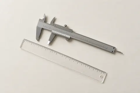 Un calibrador vernier de acero y una regla de dibujo transparente sobre papel blanco cálido.