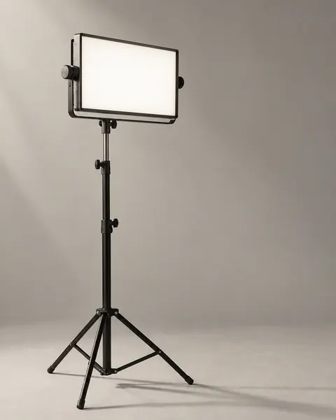 Un panel rectangular de luz LED sobre un soporte, en un estudio gris vacío, que da una luz suave y uniforme.