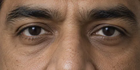 Ejemplo de ojos caídos: los párpados superiores y las pestañas bajan hacia las esquinas externas.