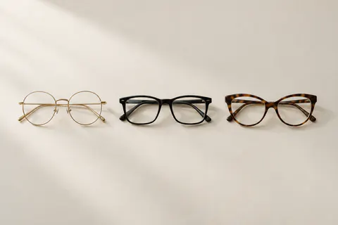 Tres armazones de lentes, uno redondo, uno rectangular y uno de ojo de gato, lado a lado sobre papel blanco.