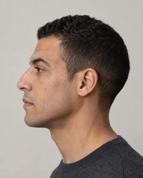 Ejemplo: un hombre de perfil, con la esquina de la mandíbula y el mentón marcados por una luz lateral suave.