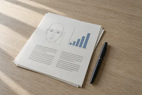A printed face measurement report lying on a pale oak desk beside a black pen.