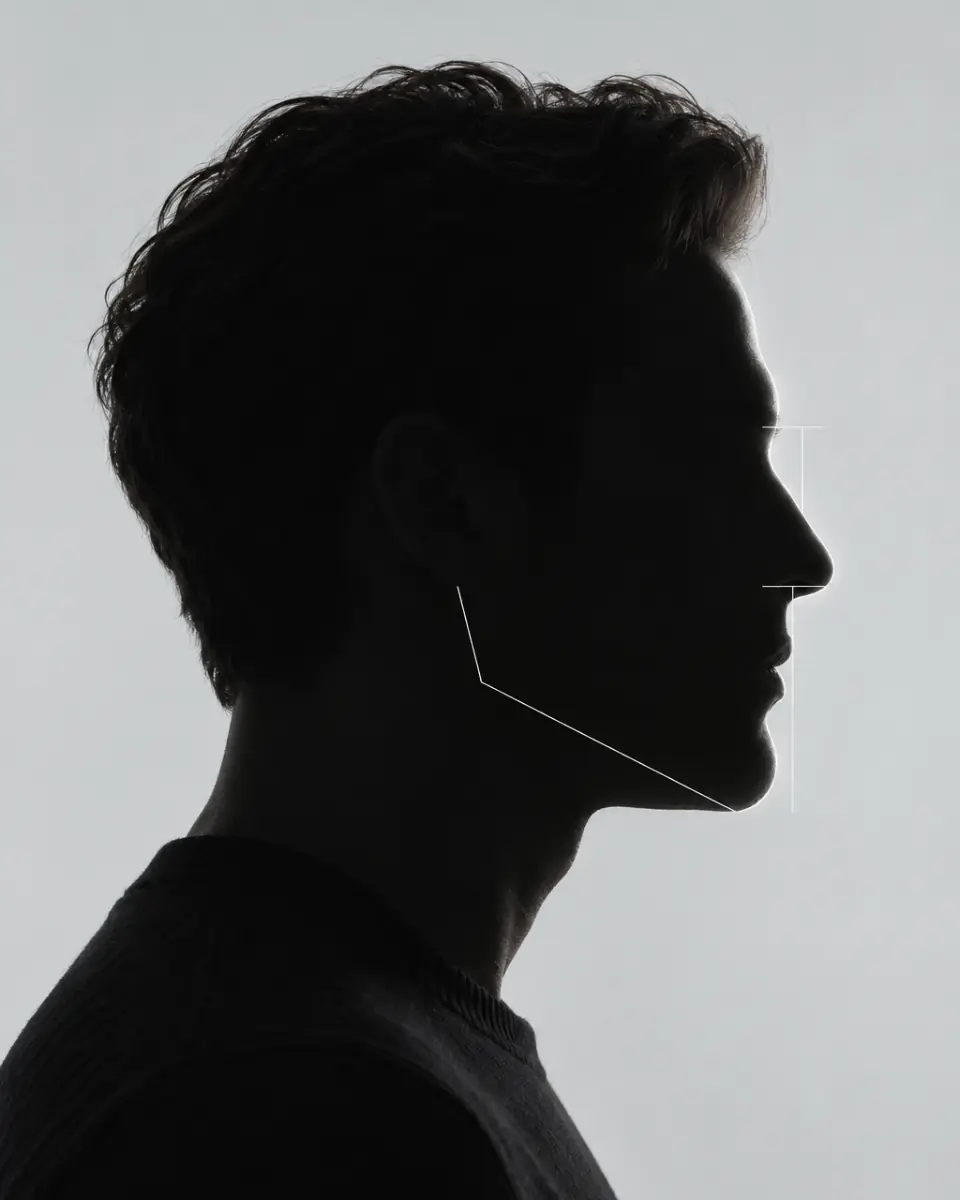 A side-profile silhouette with thin guide lines along the nose, chin and jaw