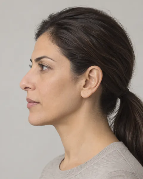 Example: the same woman in side profile, the angle that shows the jaw, chin and nose.