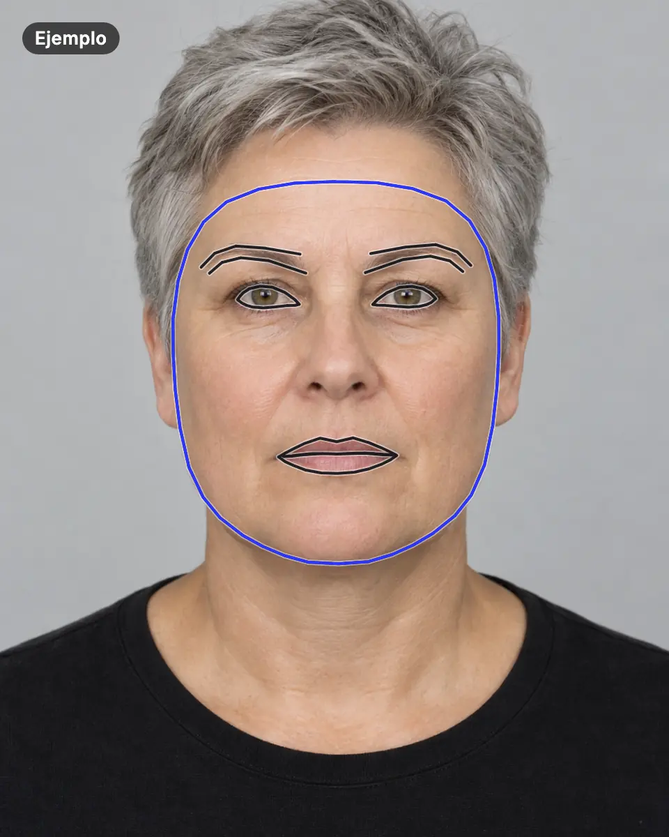 Ejemplo: el rostro de una mujer generada con IA, mirando a la cámara, con el contorno del rostro, los ojos, las cejas y los labios trazado a partir de sus puntos