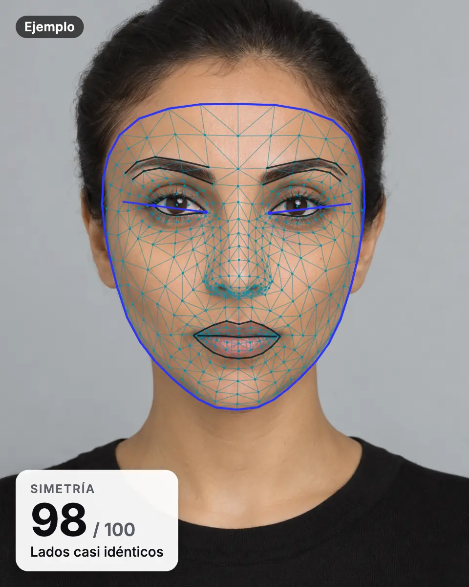 Resultado de ejemplo: el rostro de una mujer generada con IA con la malla de puntos y una puntuación de simetría de 98 sobre 100