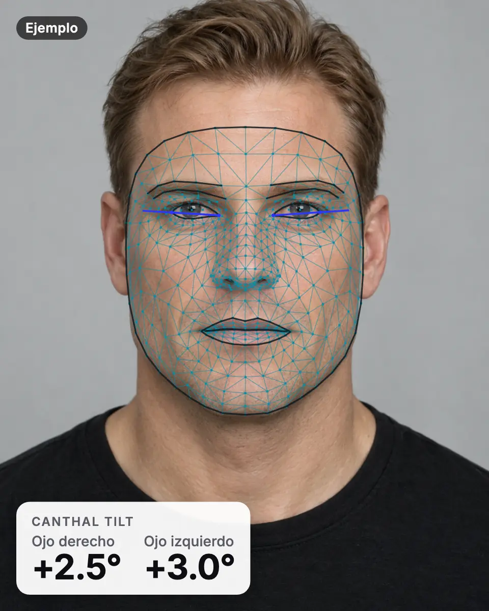 Resultado de ejemplo: el rostro de un hombre generado con IA con la malla de puntos y un canthal tilt de +2.5° en el ojo derecho y de +3.0° en el izquierdo