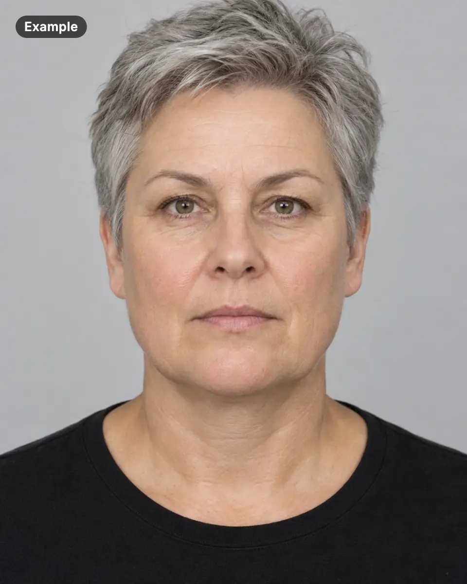 Example: portrait of an AI-generated woman, not a real person, facing the camera