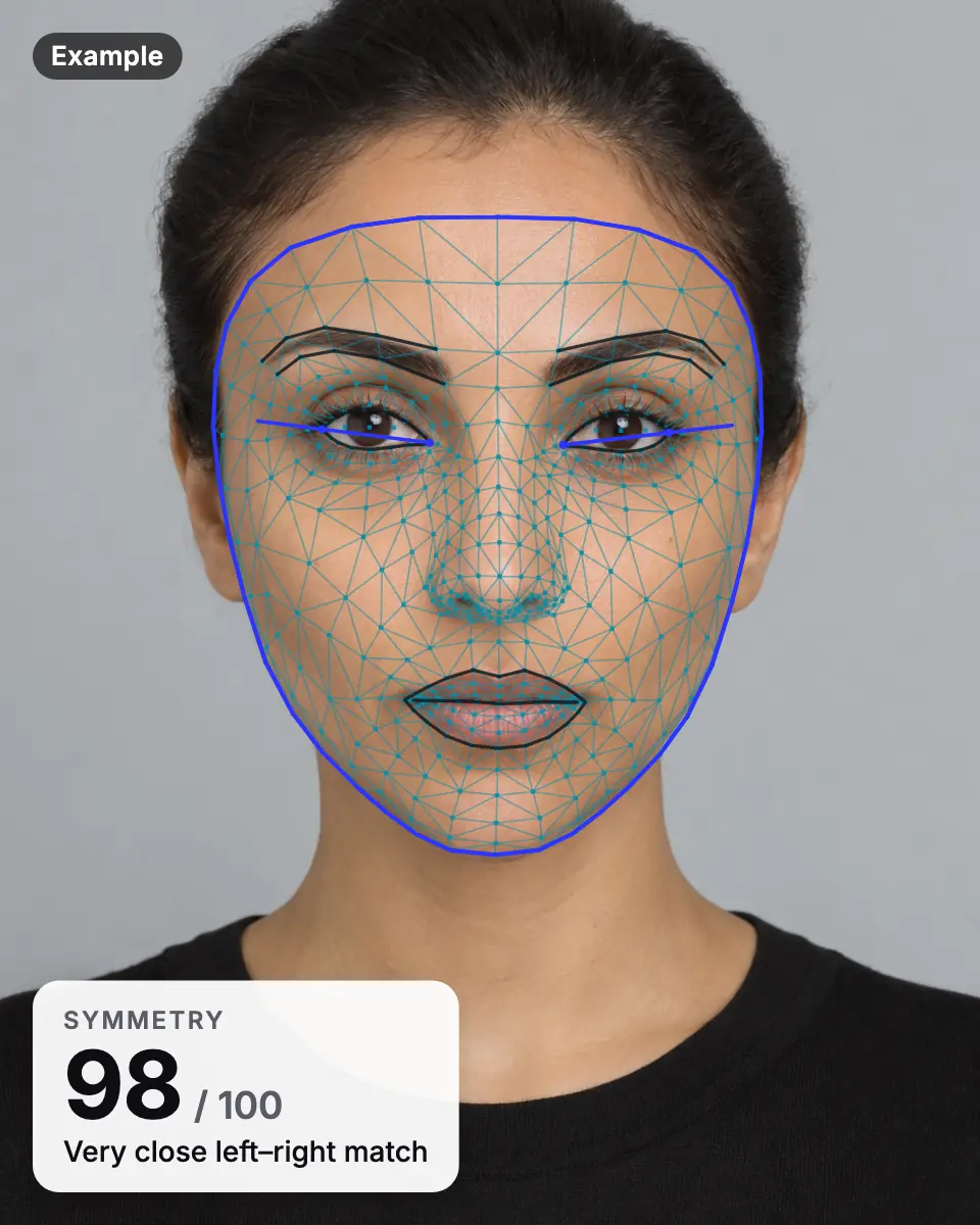 Example result: an AI-generated woman's face with the landmark mesh and a symmetry score of 98 out of 100