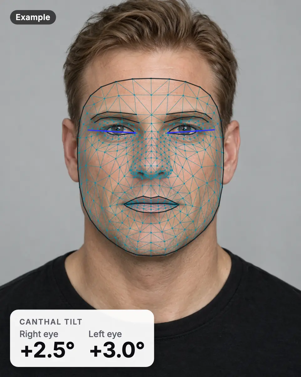 Example result: an AI-generated man's face with the landmark mesh and a canthal tilt of +2.5° for the right eye and +3.0° for the left eye