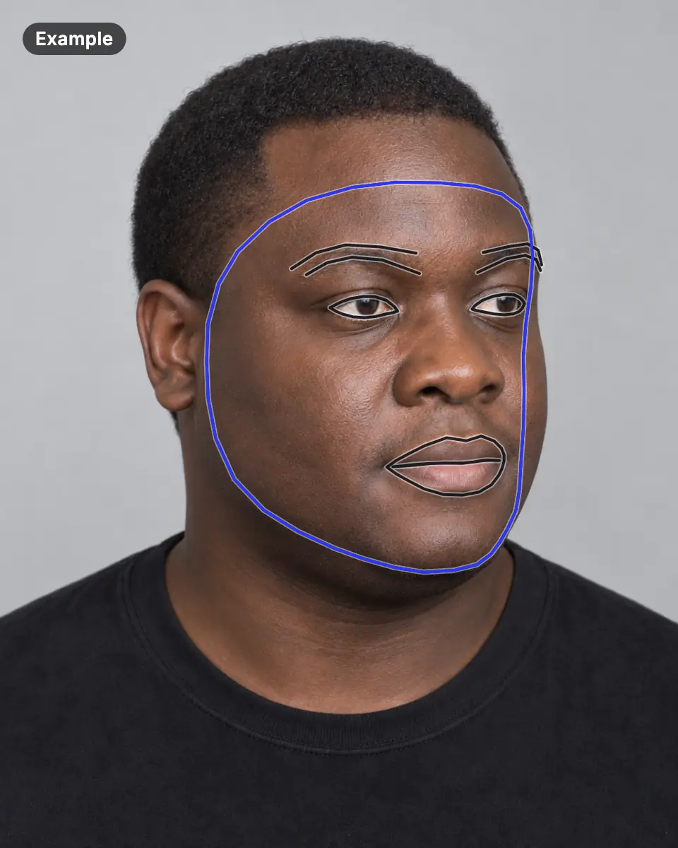 Example: an AI-generated man's face, turned three-quarters to the side, with the outline of the face, eyes, brows and lips traced from its landmarks