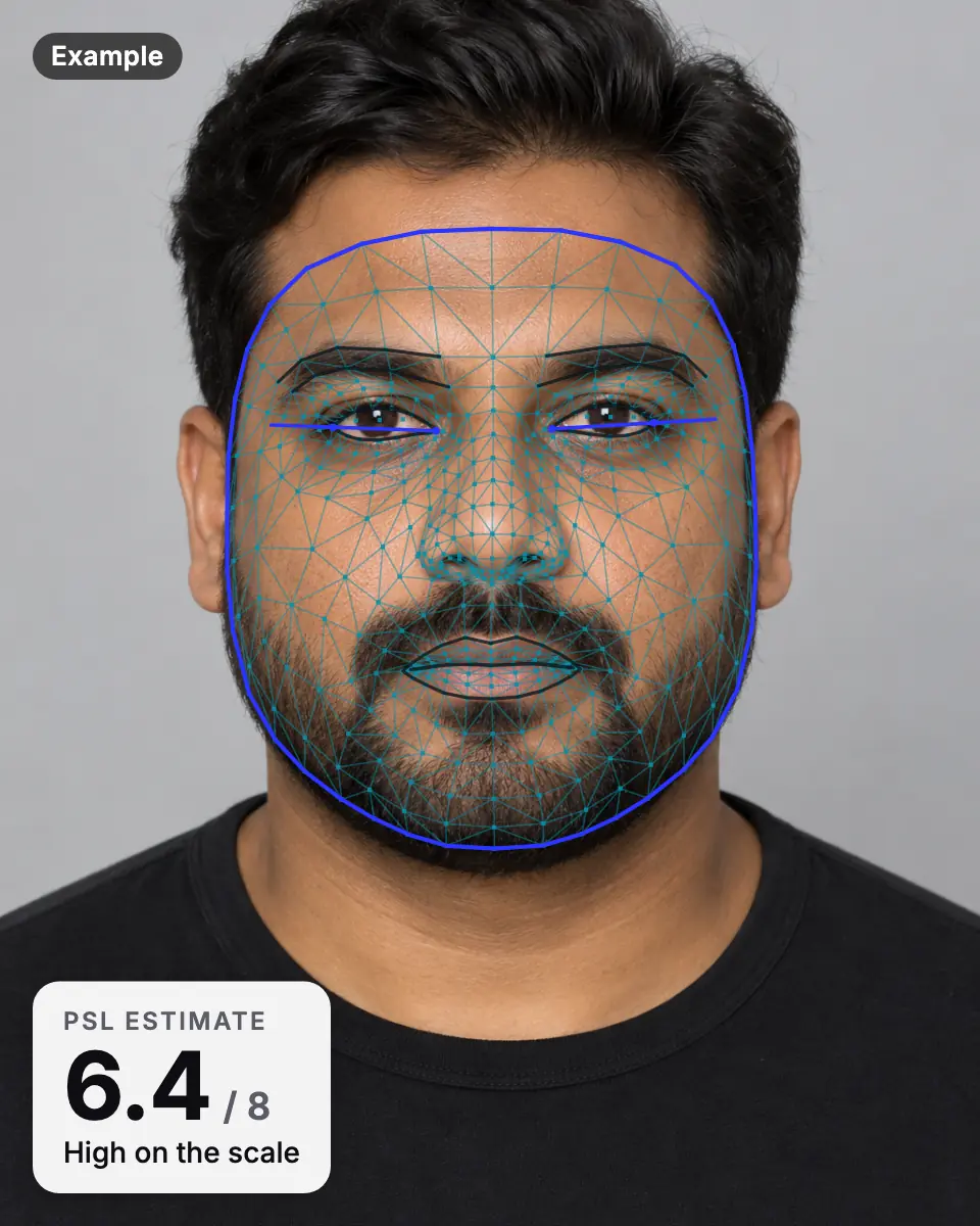 Example result: an AI-generated man's face with the landmark mesh and a PSL estimate of 6.4 out of 8, high on the scale
