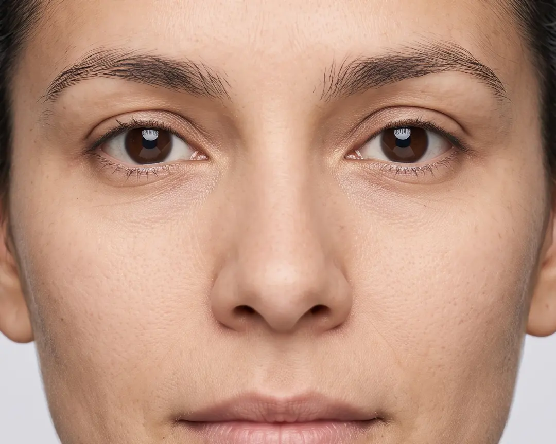 Ejemplo: los dos ojos de una mujer generada con IA, en primer plano, con una línea nivelada punteada por la esquina interna de cada ojo, una línea hasta la esquina externa y el ángulo entre ellas marcado: +4.3° en el ojo derecho y +5.3° en el izquierdo.